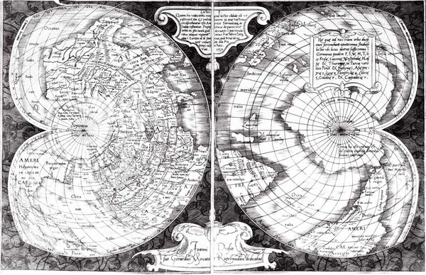 Primo tentativo di Mercatore di rappresentare il mondo (1538)
